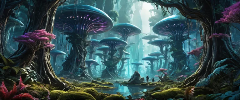 A futuristic desktop wallpaper featuring a surreal alien forest with intricate biotech details and ethereal lighting, suitable for use on Desktop/PC.