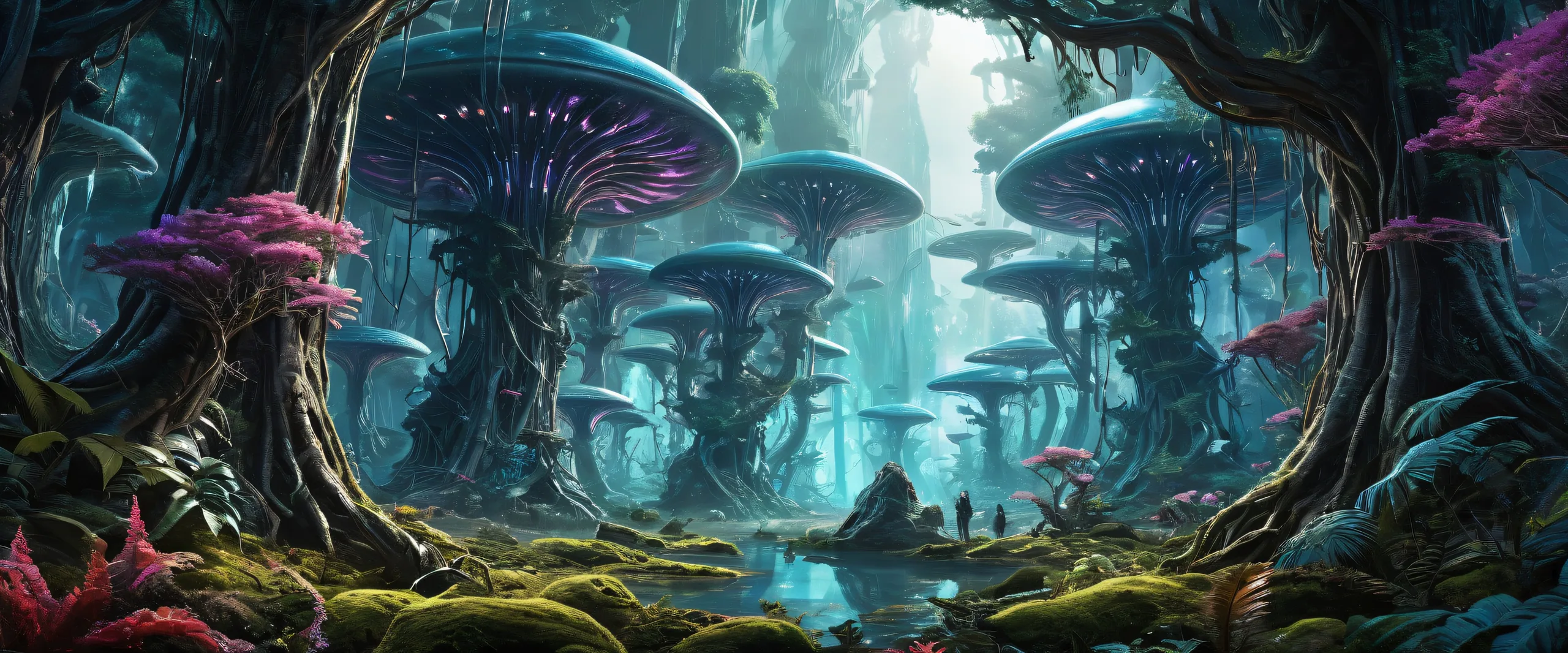 Stunning Ethereal Biotech Odyssey Wallpaperadapté pour une utilisation sur ordinateur de bureau/PC A futuristic desktop wallpaper featuring a surreal alien forest with intricate biotech details and ethereal lighting, suitable for use on Desktop/PC.