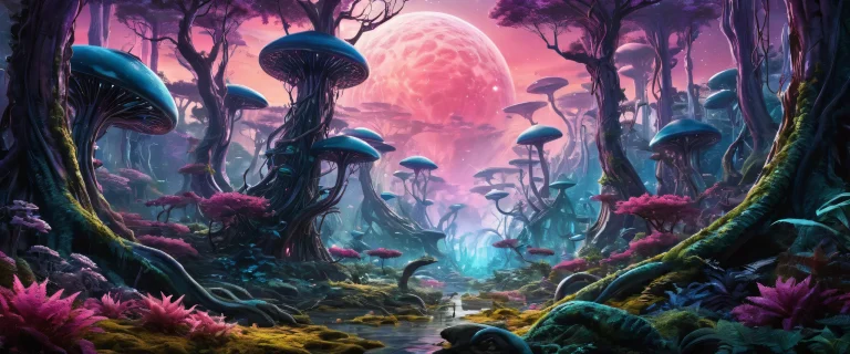 A stunning desktop wallpaper of an alien forest, perfectly clean and vast, amidst a surreal biotech fantasy landscape, adapté pour ordinateur de bureau/PC.