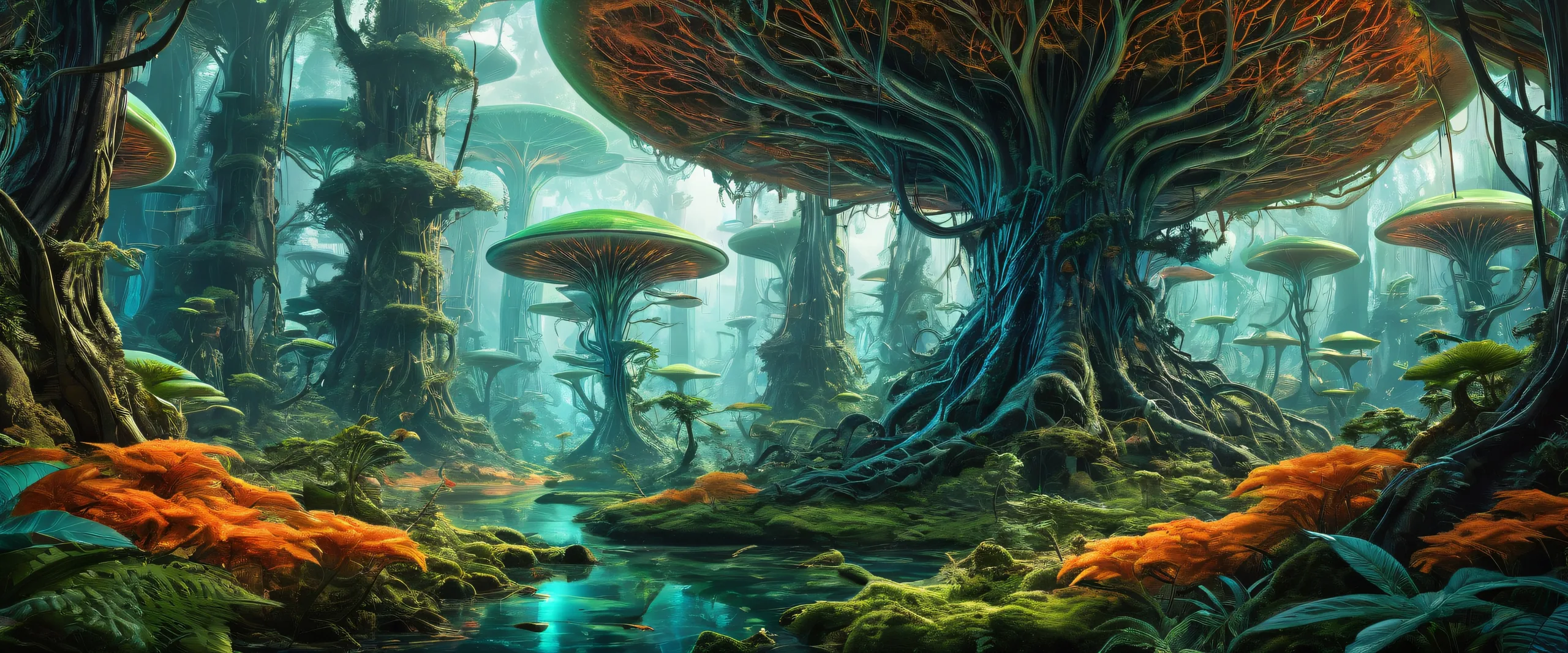4K Ethereal Alien Forest Odyssey Desktop Background A breathtaking desktop wallpaper of an alien forest, showcasing intricate details on a pristine background for Desktop/PC.