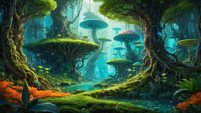 A surreal desktop scene of an alien forest on a pristine background with a focus on the biotech fantasy landscape for PC or Mac Desktop.