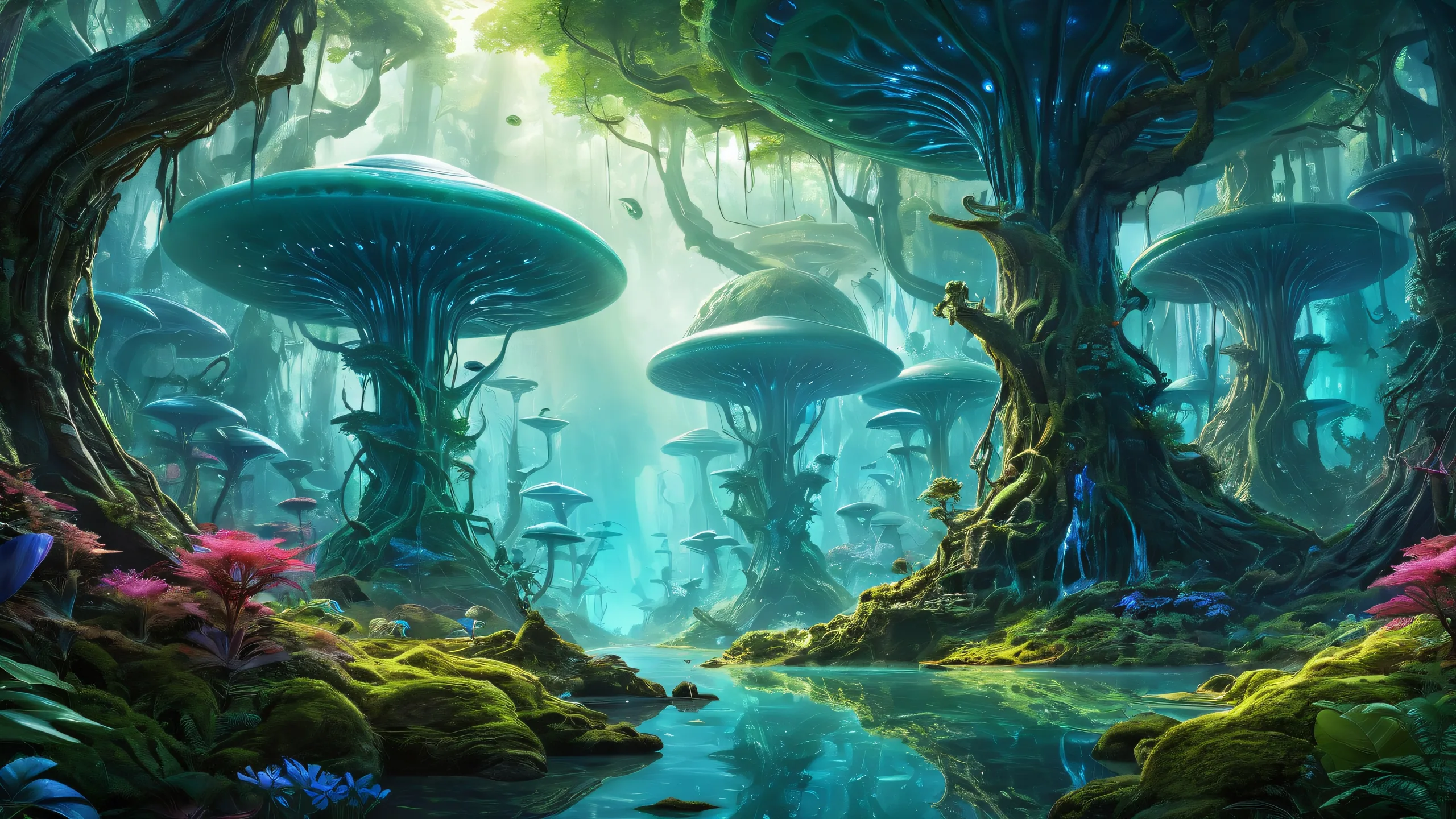 A serene desktop image of an alien forest on a pure void with vibrant colors and depth, suitable for PC or Desktop use.