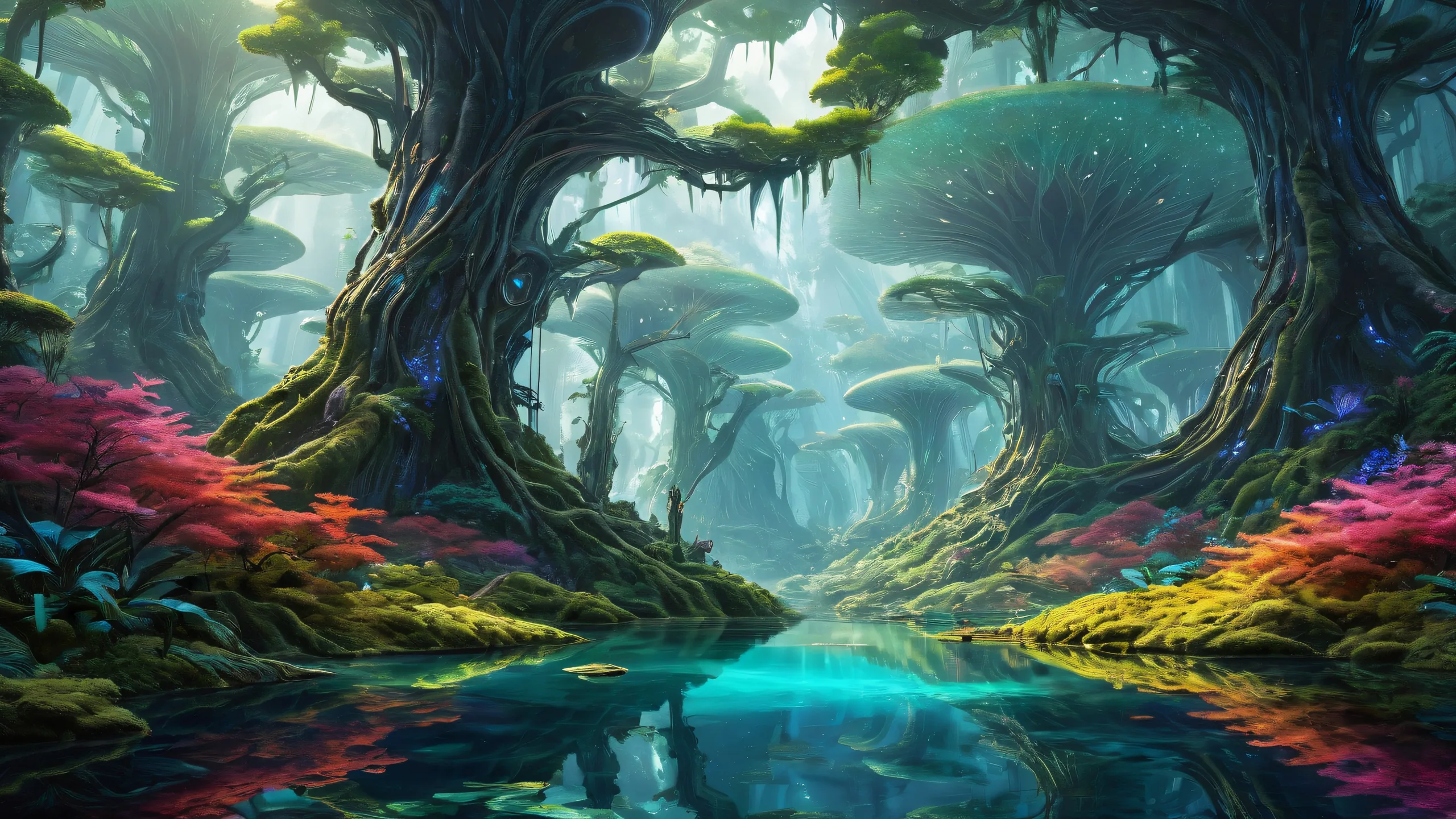 A majestic desktop wallpaper featuring an alien forest set against a vast, pristine void. Perfectly suited for Desktop/PC backgrounds.