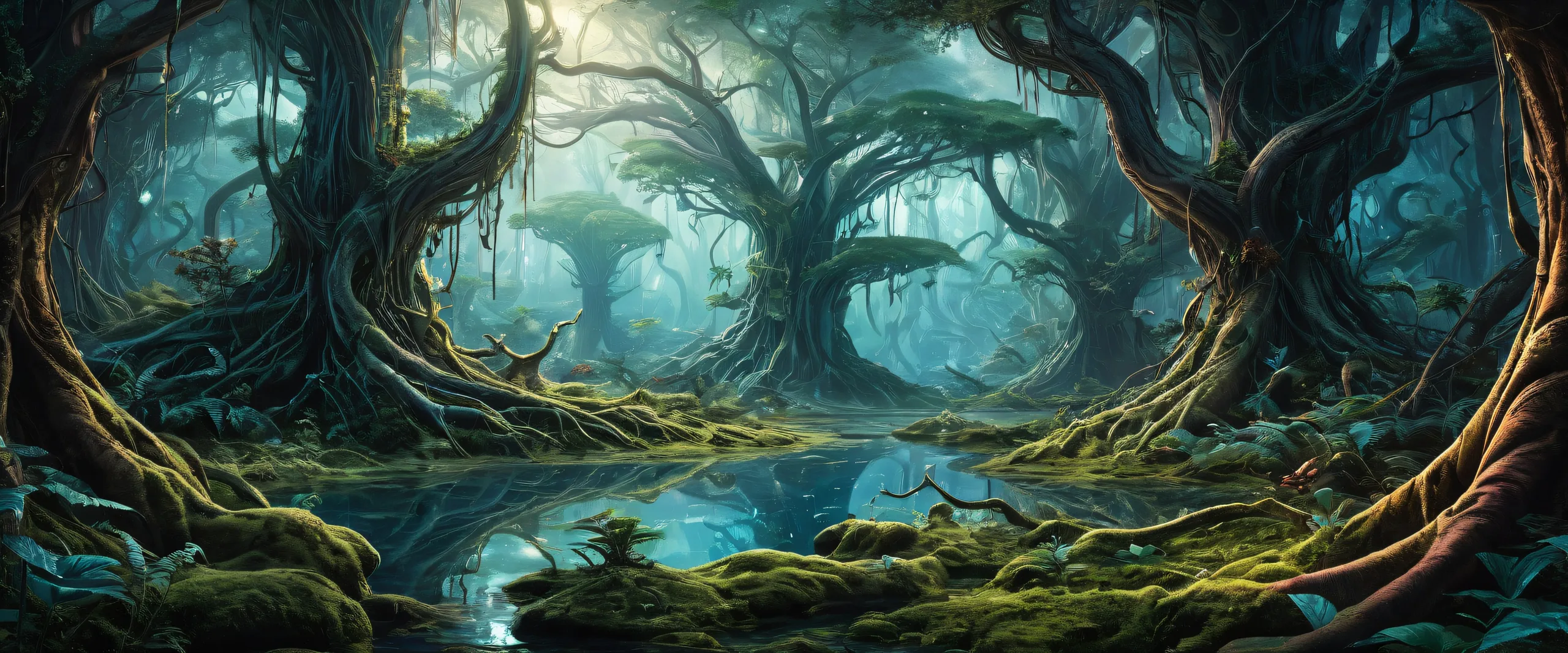 Breathtaking desktop wallpaper of Alien Forest on a Desktop/PC with nerve grass and dendrite vines as the forest floor, featuring pristine clarity and ethereal lighting.