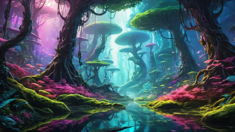 Breathtaking desktop wallpaper of an alien forest on a pure void, adequado para telas de desktop/PC.
