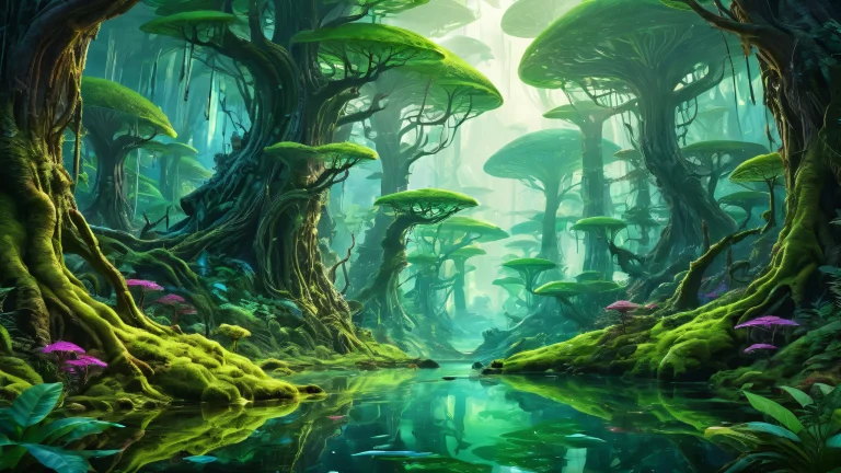 A surreal biotech fantasy landscape serves as the backdrop for this desktop wallpaper, perfect for a PC or Desktop.