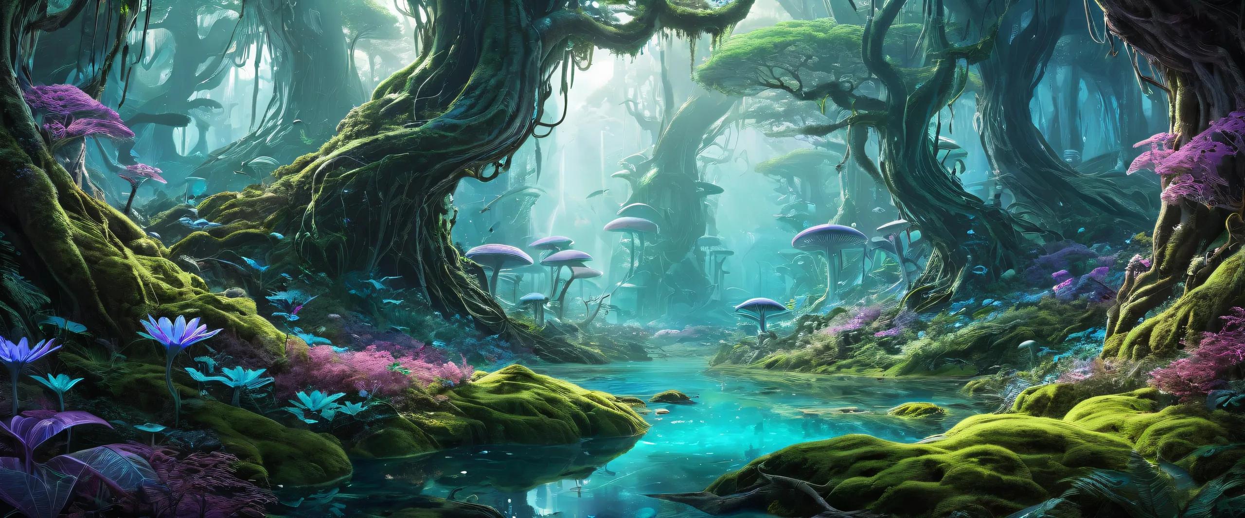 Breathtaking desktop wallpaper of an alien forest ecosystem on a pristine void background for PC or desktop use.