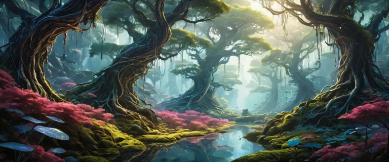 A breathtaking desktop wallpaper featuring an alien forest with dendrite vines and nerve grass, PCまたはデスクトップに適しています.