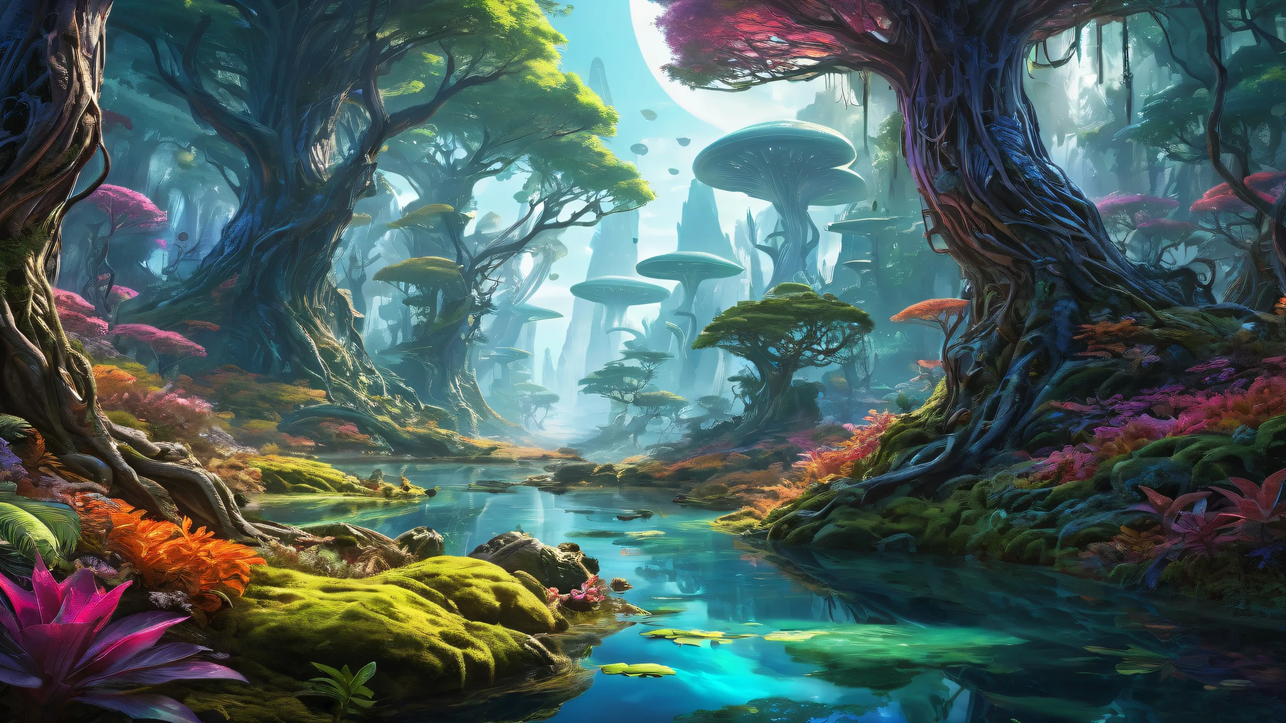 A breathtaking desktop wallpaper of an alien forest on a pure void background, perfect for your PC or Desktop.