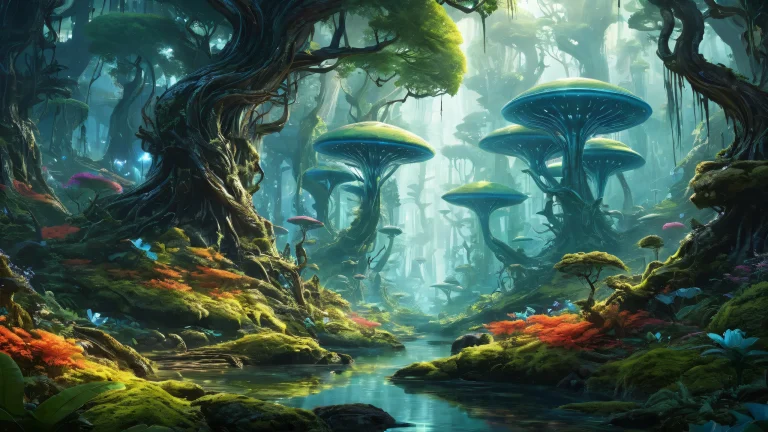 A surreal desktop wallpaper featuring an alien forest, perfect for a PC or Desktop setup.