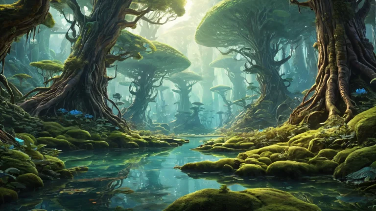 A breathtaking desktop wallpaper of an alien forest with a vast pure void and ethereal lighting for your PC or Desktop.