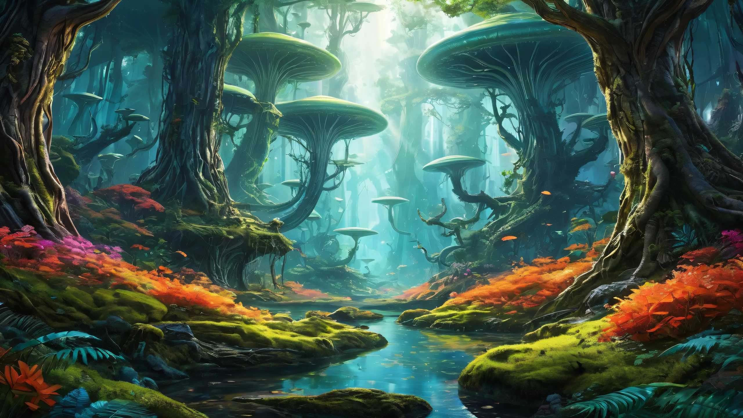 A serene and breathtaking desktop image of an alien forest on a clean pure void with radiant lighting for your PC or Desktop.