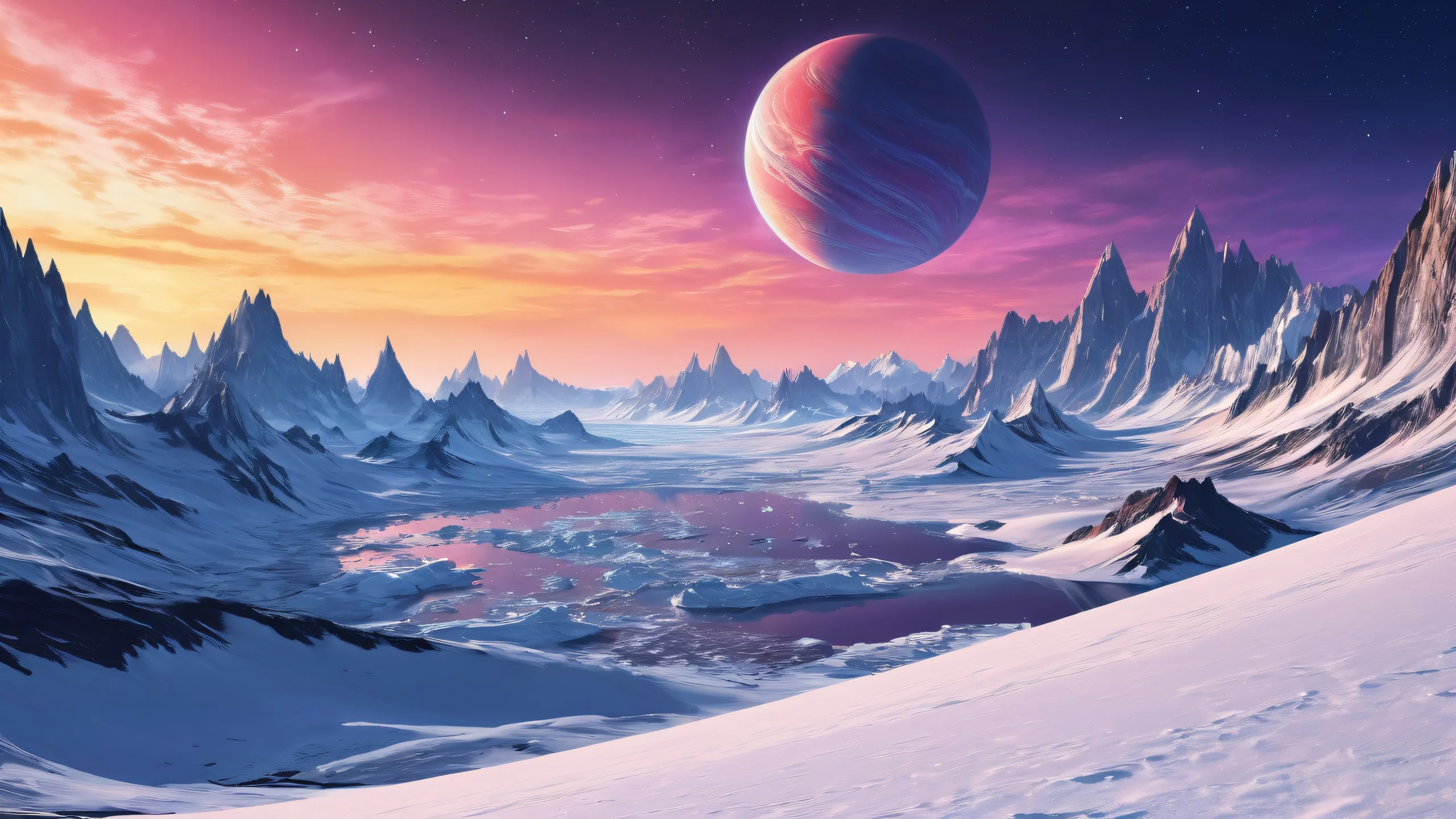 Breathtaking alien planet surface with deep snow cover and dramatic lighting for desktop/pc use.