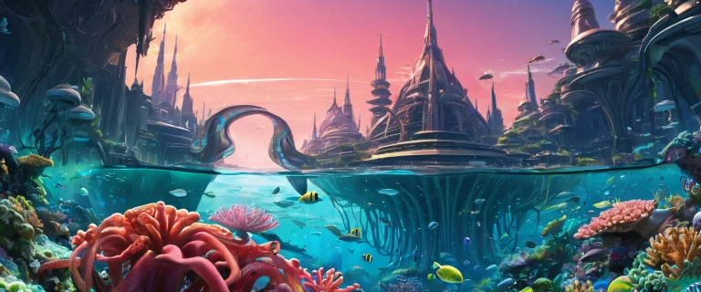 Breathtaking desktop image of an alien squid civilization city on a pure void background, parfait pour une utilisation sur PC ou ordinateur de bureau.