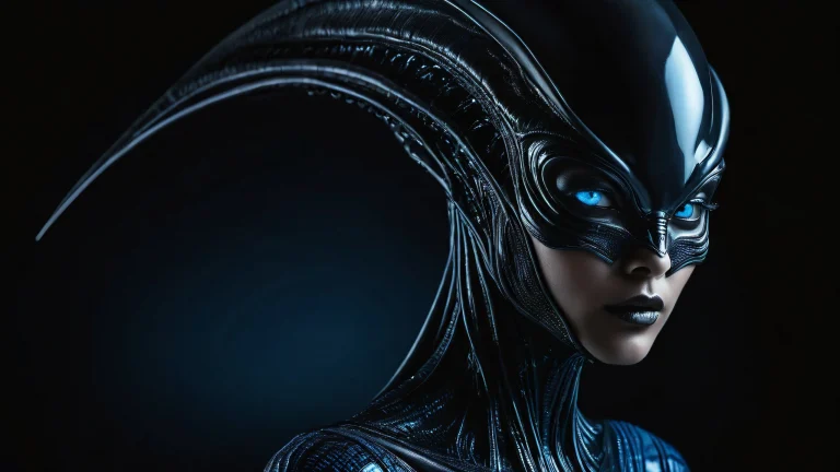 A serene alien woman amidst a vast, puro vacío, perfecto para tu escritorio/pc.