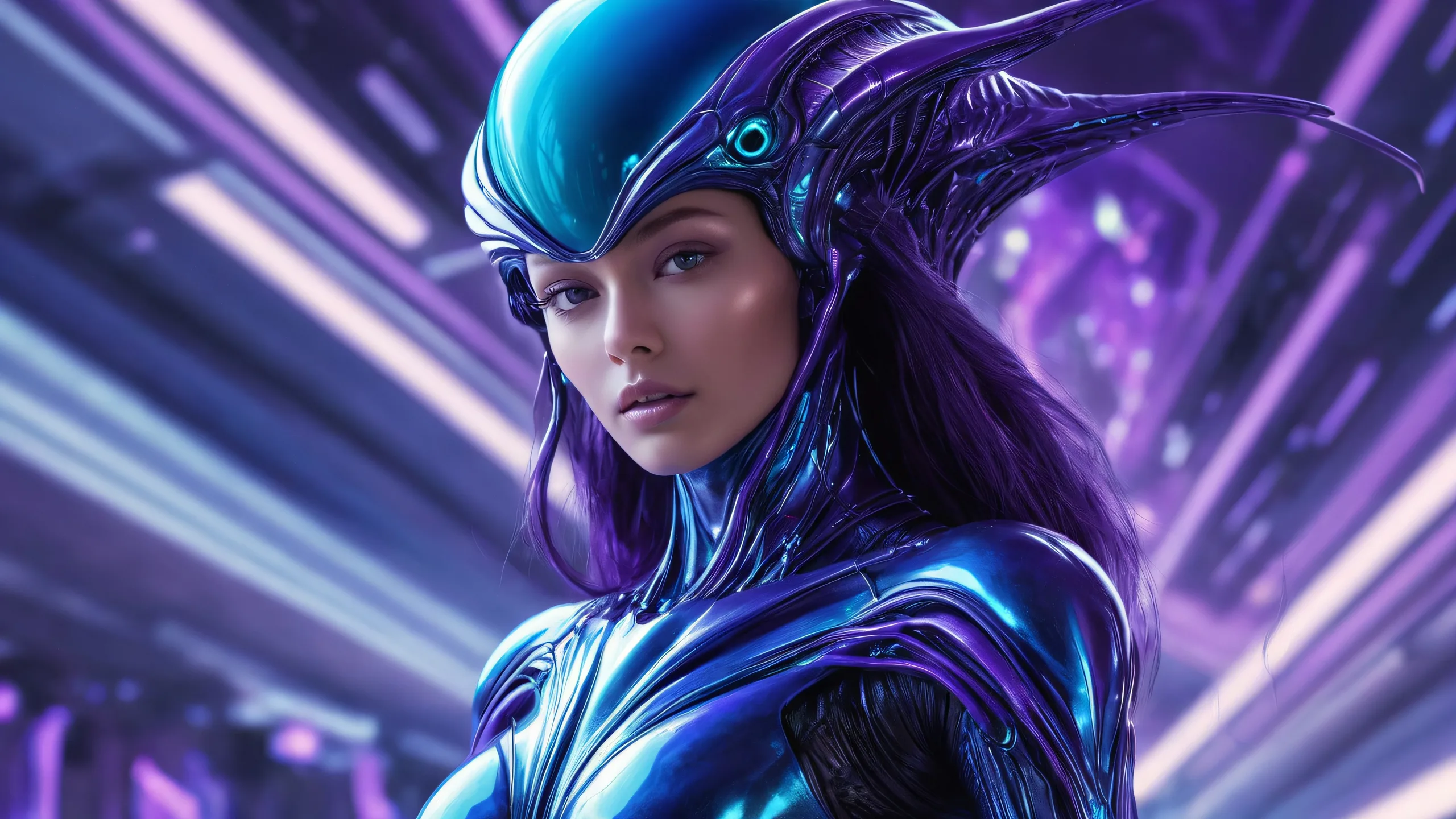 A beautiful, serene alien woman standing amidst a vast, pure void on a desktop or PC.