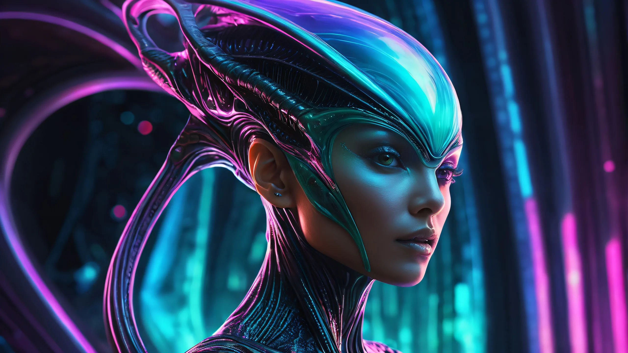 A stunning desktop wallpaper of an alien woman standing in a vast, pure void, perfect for your PC or Desktop. Dominant colors are neon hues with dark undertones.