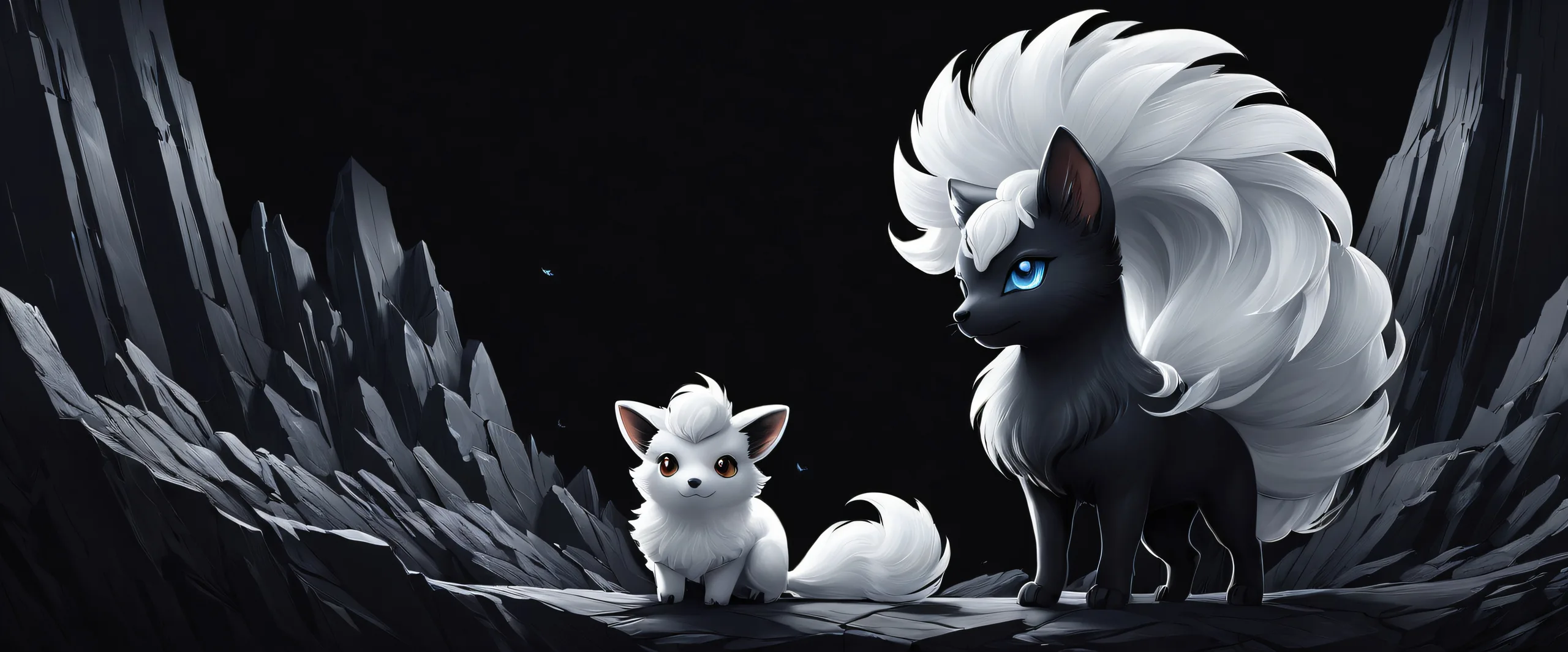 Alolan Vulpix on a pristine pure void desktop background suitable for PC or Desktop use, perfect composition and stunning visual impact.