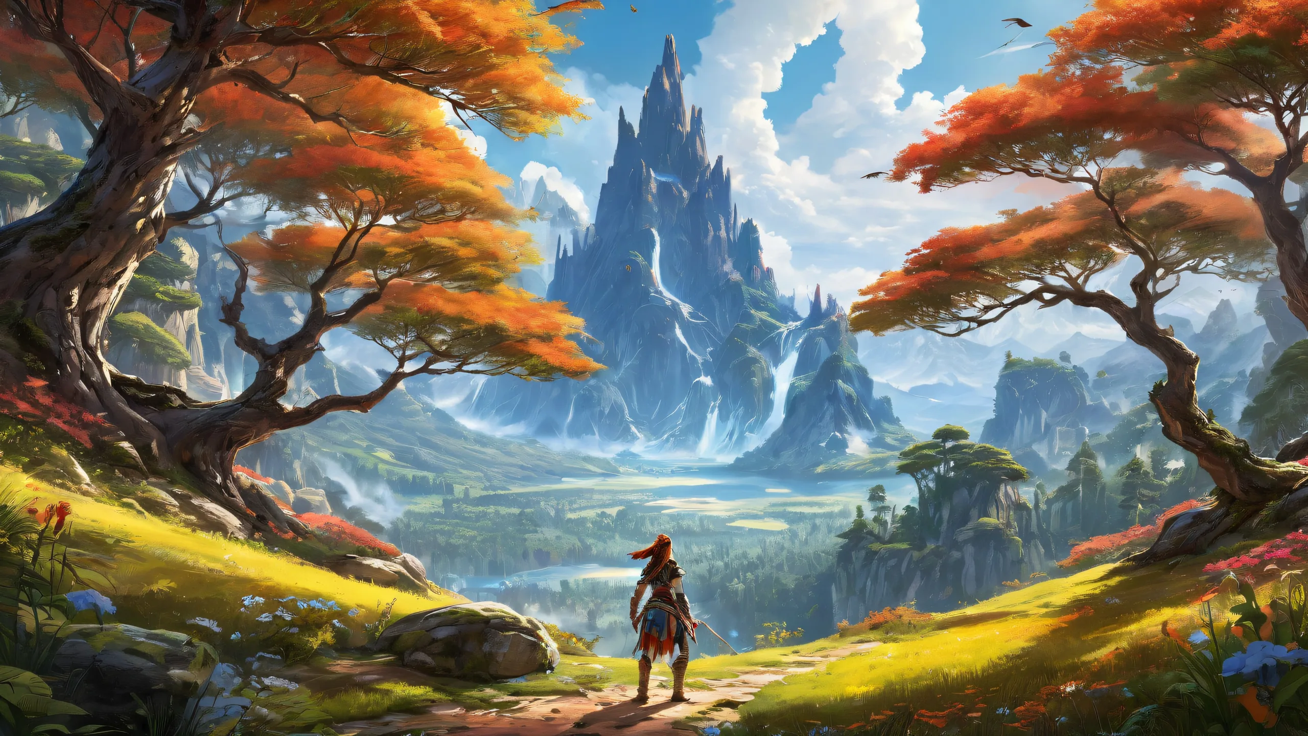 Breathtaking desktop wallpaper of Aloy set against a vast pure void with a hint of forest in the distance, perfect for your Desktop/PC.