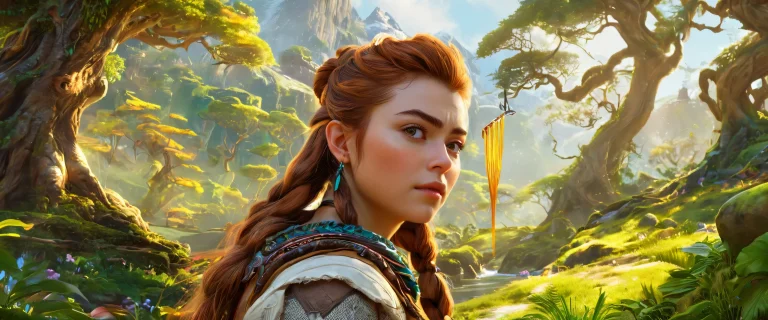 A breathtaking desktop wallpaper of Aloy set against a vast, pure void with a forest in the distance, perfect for your Desktop/PC.
