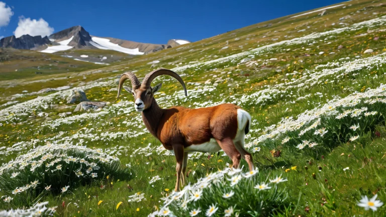 A majestic desktop wallpaper featuring Mouflon grazing in an Alpine tundra with edelweiss, perfect for your Desktop/PC.