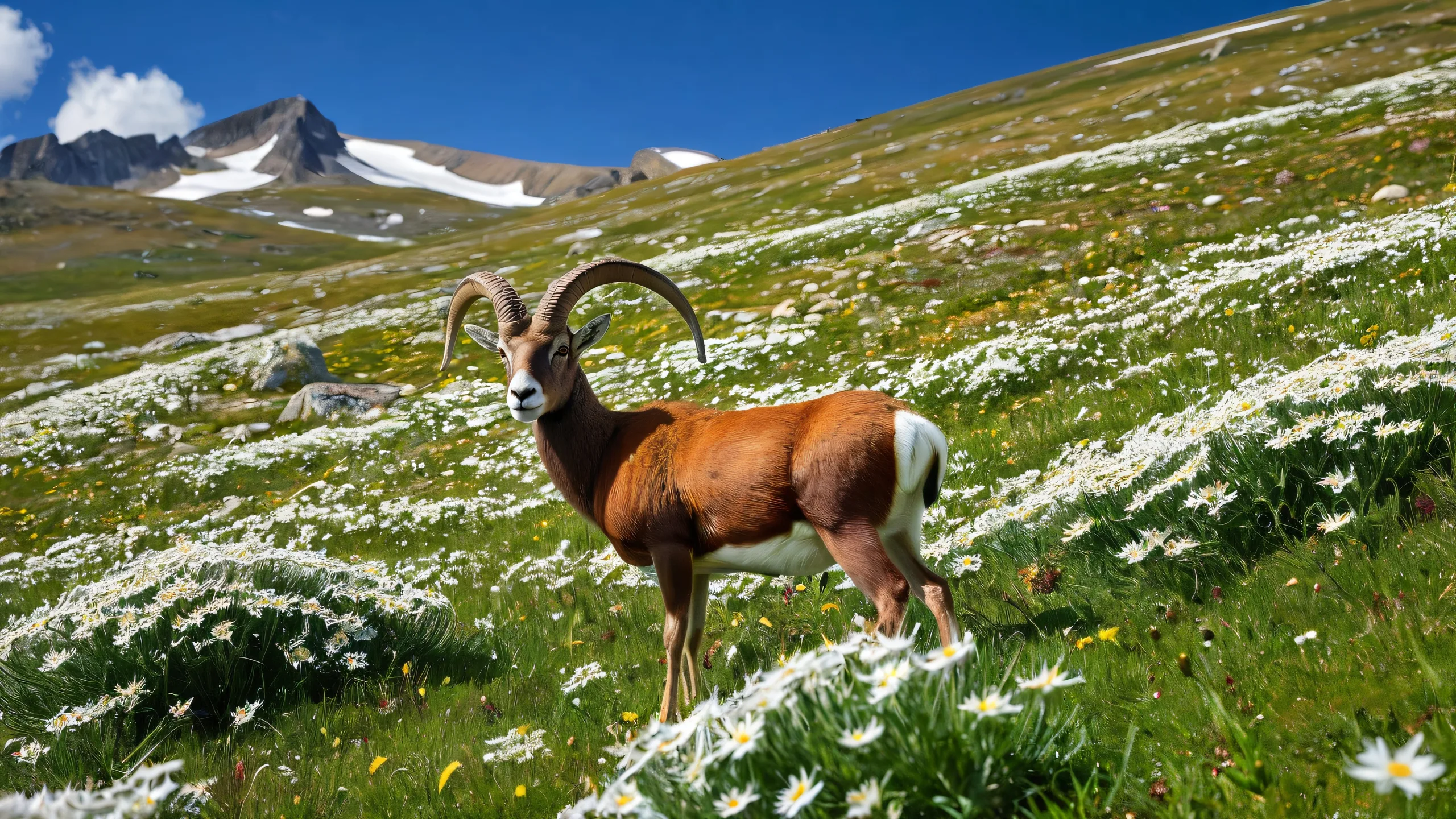 A majestic desktop wallpaper featuring Mouflon grazing in an Alpine tundra with edelweiss, perfect for your Desktop/PC.