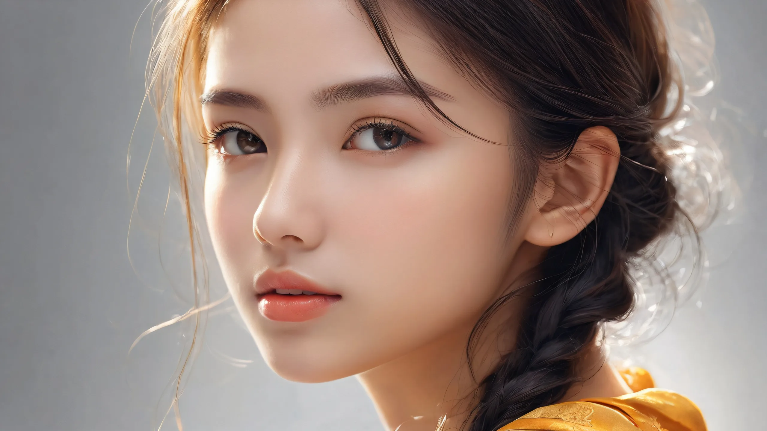 Stunning Ethereal Amber Profie Wallpaper Breathtaking desktop wallpaper of a girl against a pure void background, with subtle shading and textures. Desktop/PC.