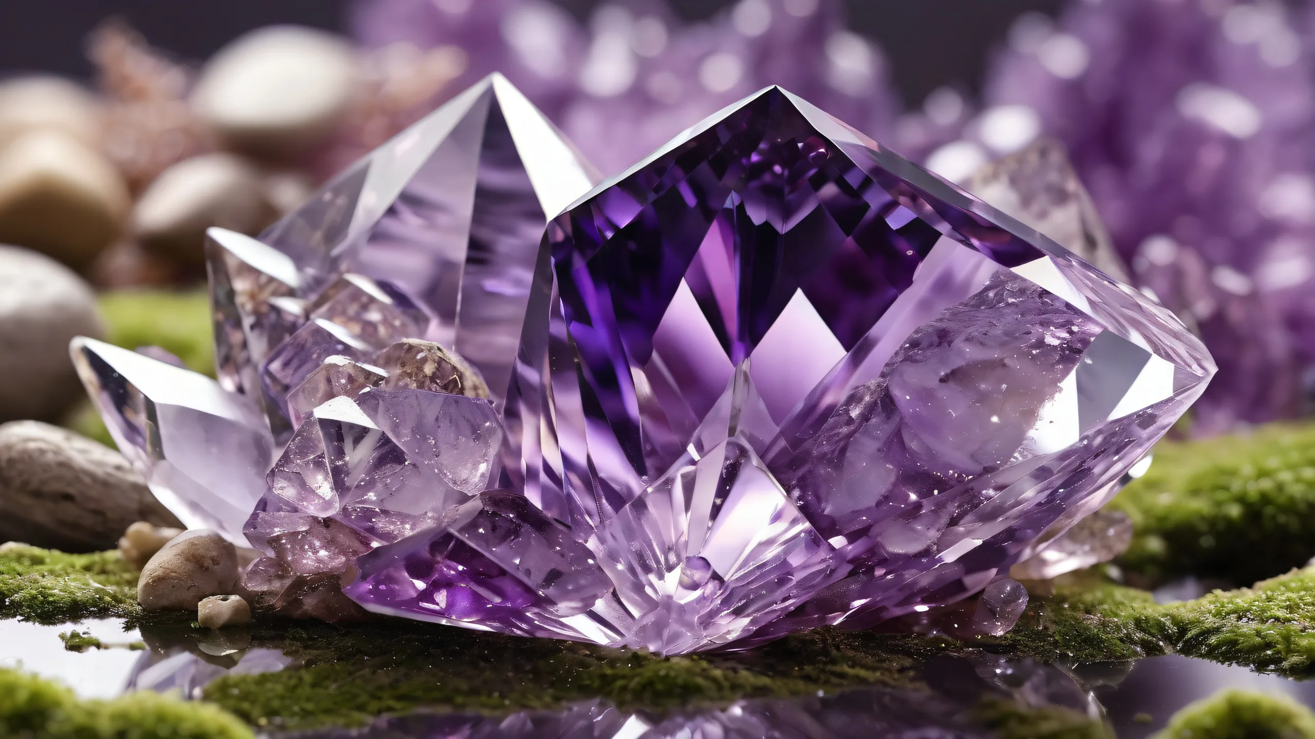 A beautifully rendered desktop wallpaper of an amethyst crystal set against a vast pure void, perfect for your Desktop/PC.