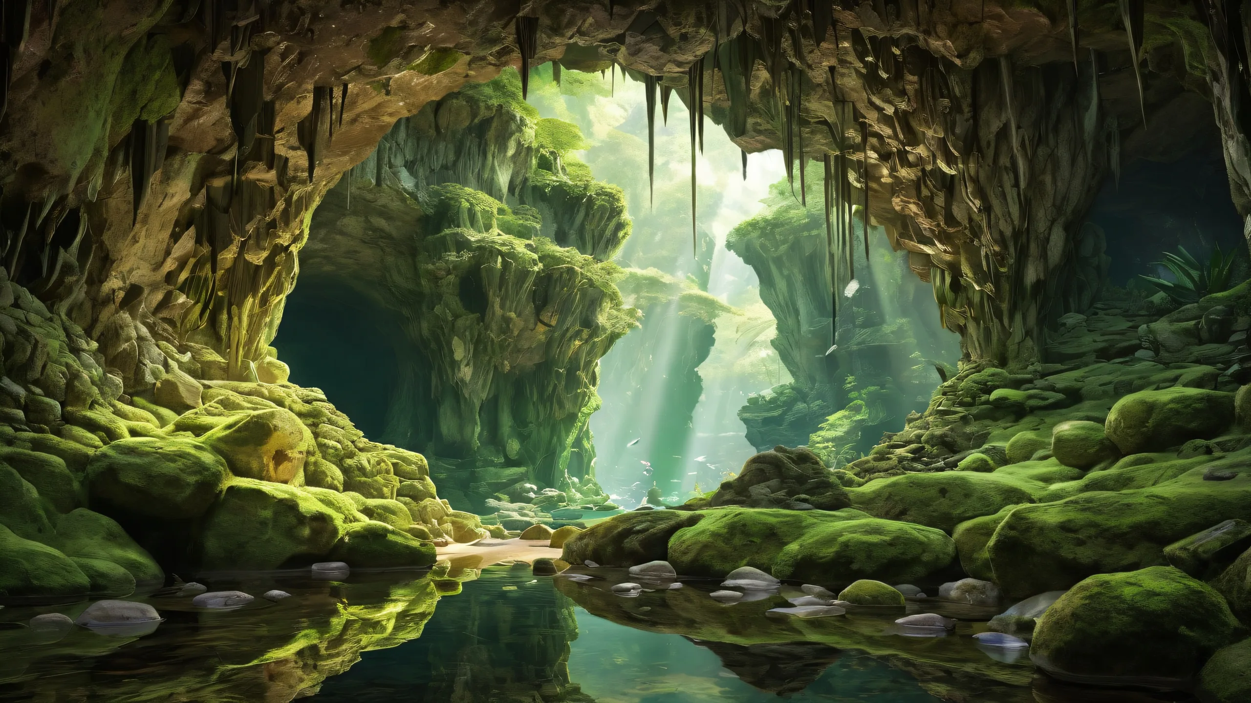 Epic Ancient Cave Entrance Odyssey Desktop Wallpaper Desktop/PC background image of an ancient cave entrance with a perfectly clean vast pure void and extreme depth of field.