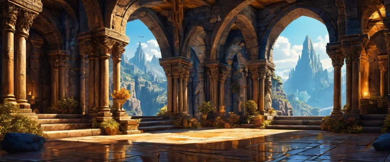 Desktop/PC background featuring an ancient dungeon atmosphere with deep blues, rich browns, and muted golds.