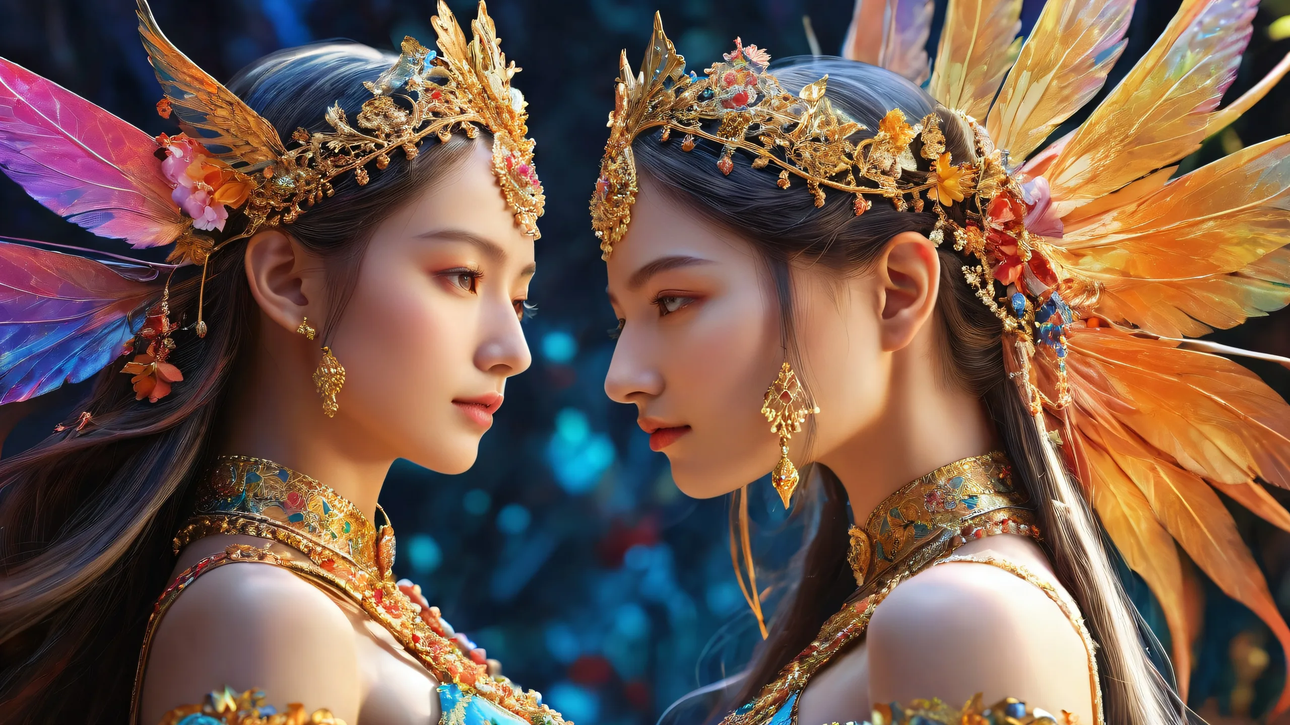 Two women amidst a vast, pure void, ethereal lighting and vibrant colors, perfect for desktop or PC.