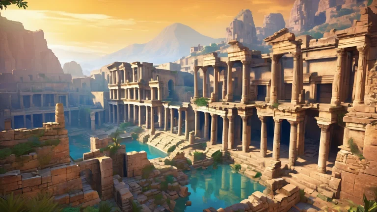 Ancient ruins standing tall in the distance on a perfectly clean desktop/pc background with ethereal lighting and pristine clarity.