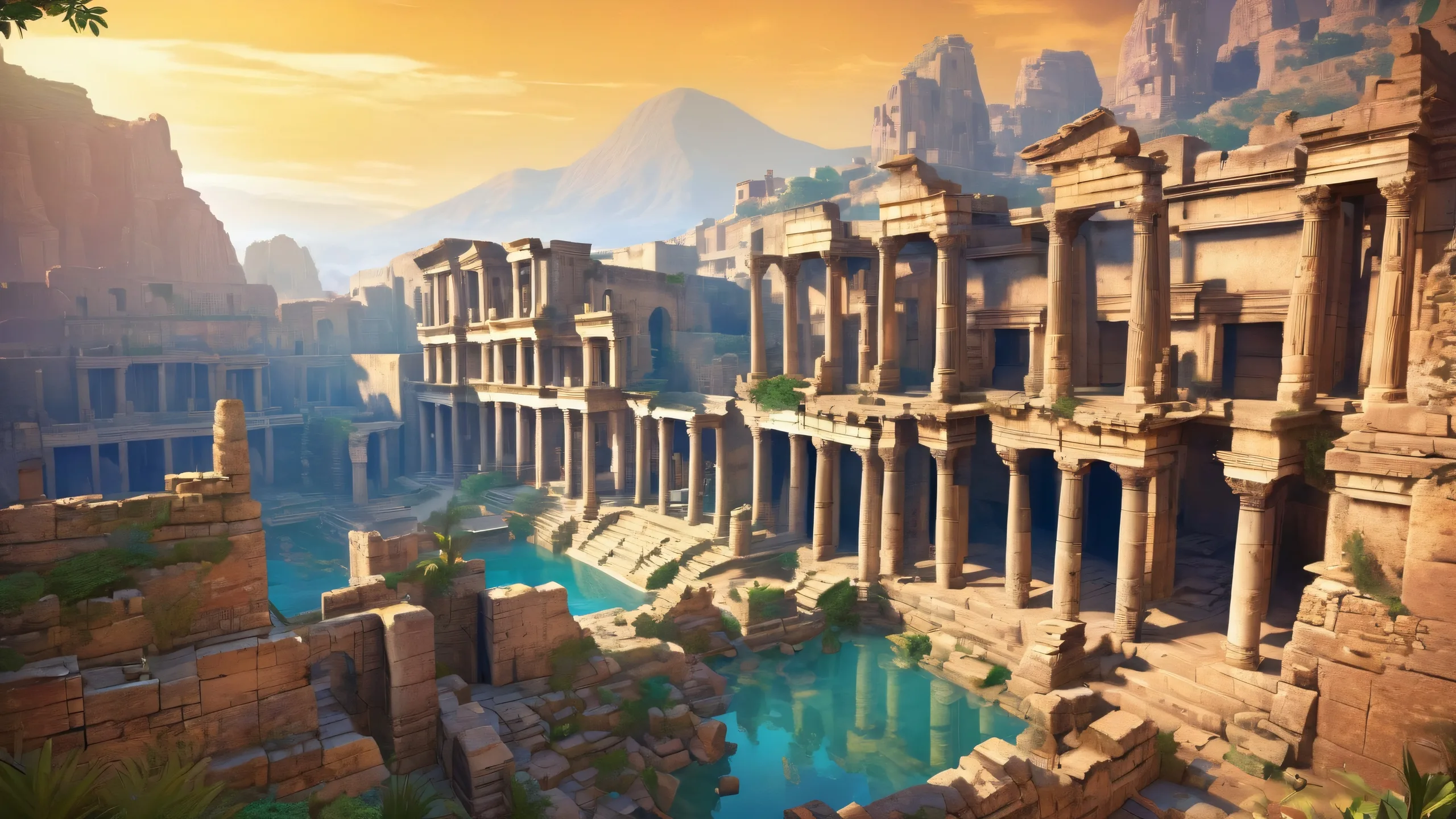 Ancient ruins standing tall in the distance on a perfectly clean desktop/pc background with ethereal lighting and pristine clarity.