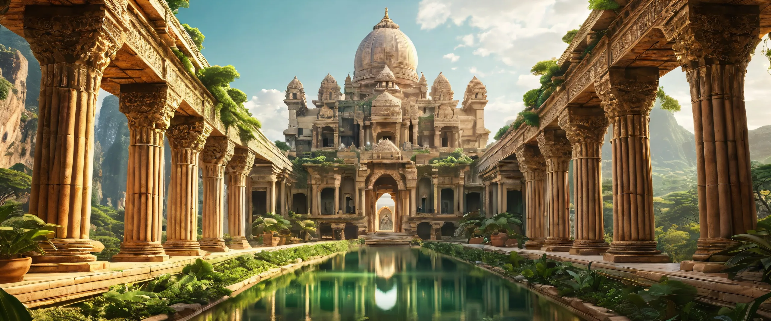 A serene desktop image of ancient architecture set against a vast pure void, perfect for a PC or Desktop screen.