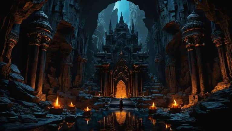 A majestic ancient dungeon desktop wallpaper for your PC or Desktop, featuring a perfect void with striking contrast and luminescent accents.