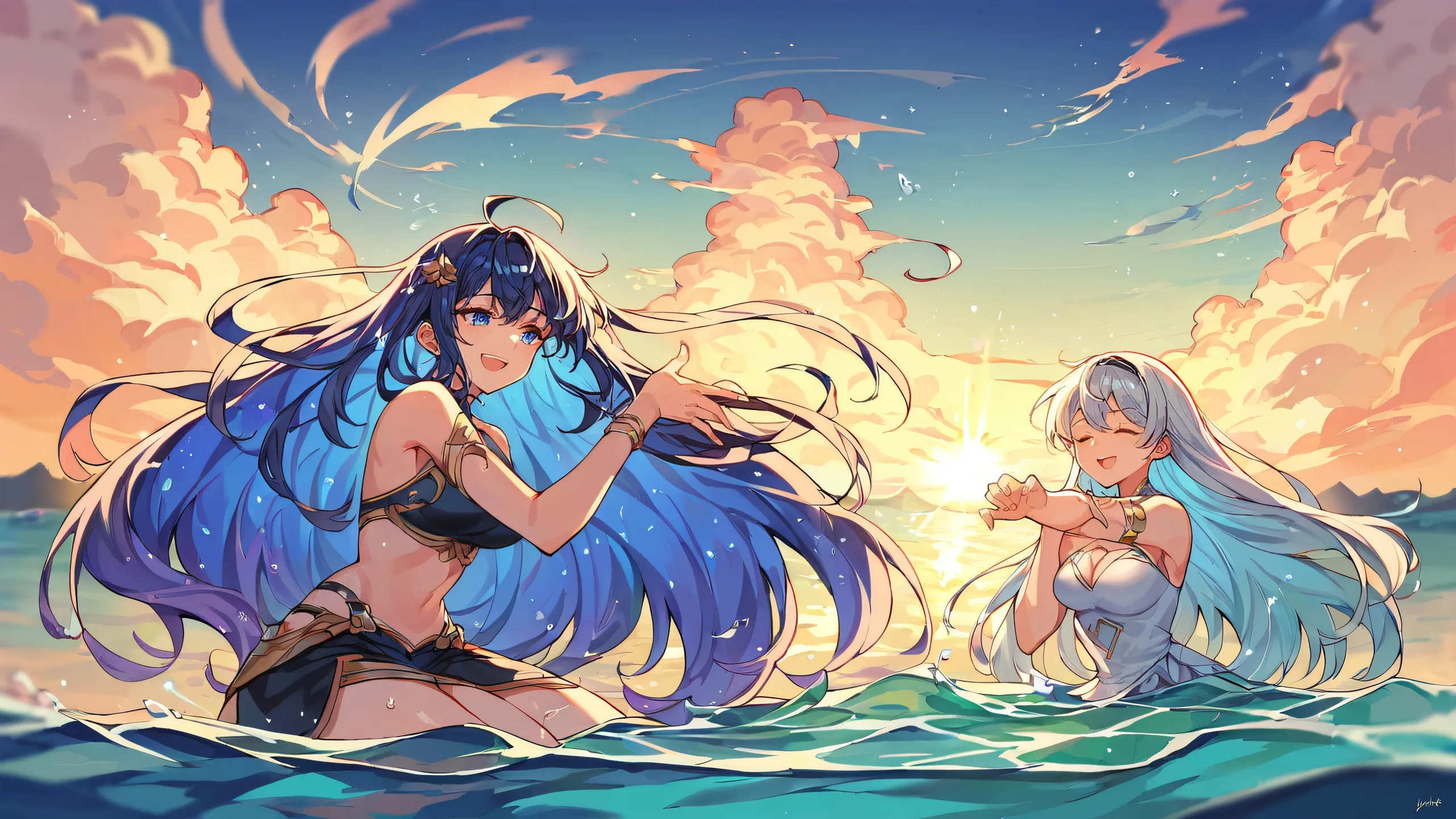 Two women on a beach coast, with a deep void in the background, suitable for desktop/pc use.