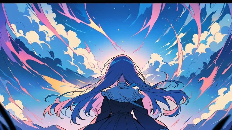 A serene anime-inspired desktop background featuring a vast blue void with distant mountains and clouds, PCやラップトップに最適.