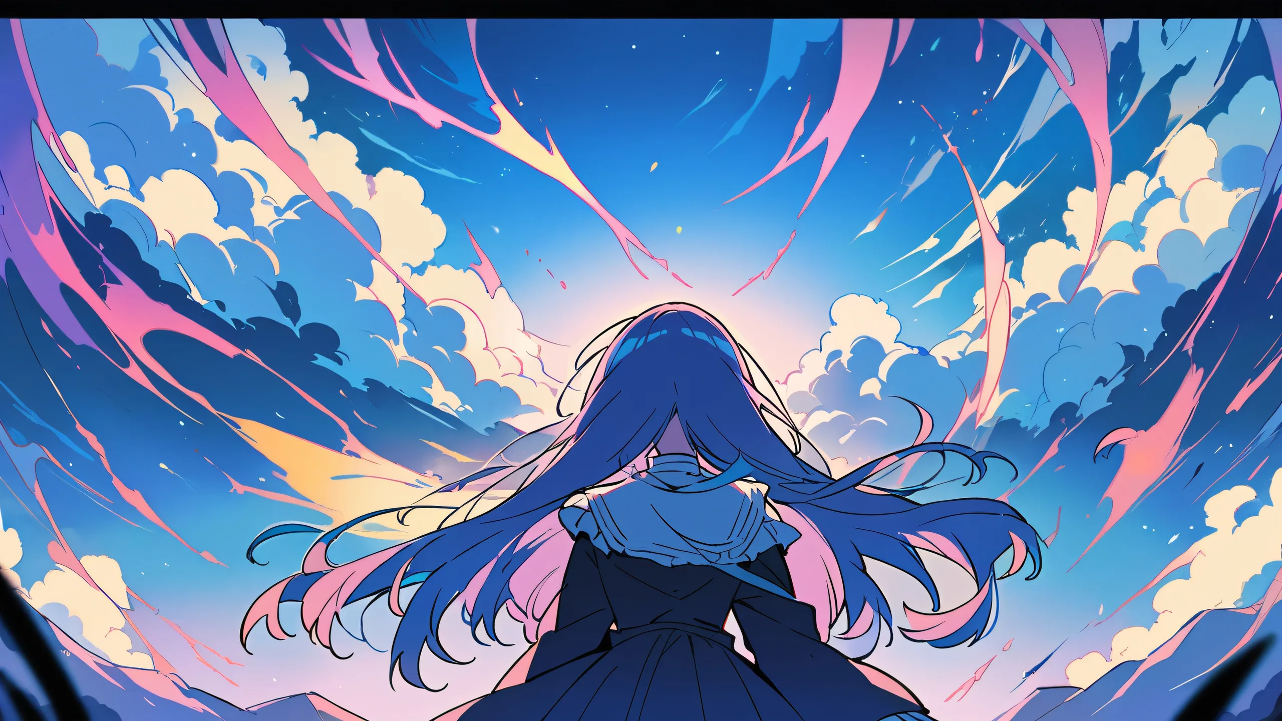 A serene anime-inspired desktop background featuring a vast blue void with distant mountains and clouds, perfect for your PC or laptop.