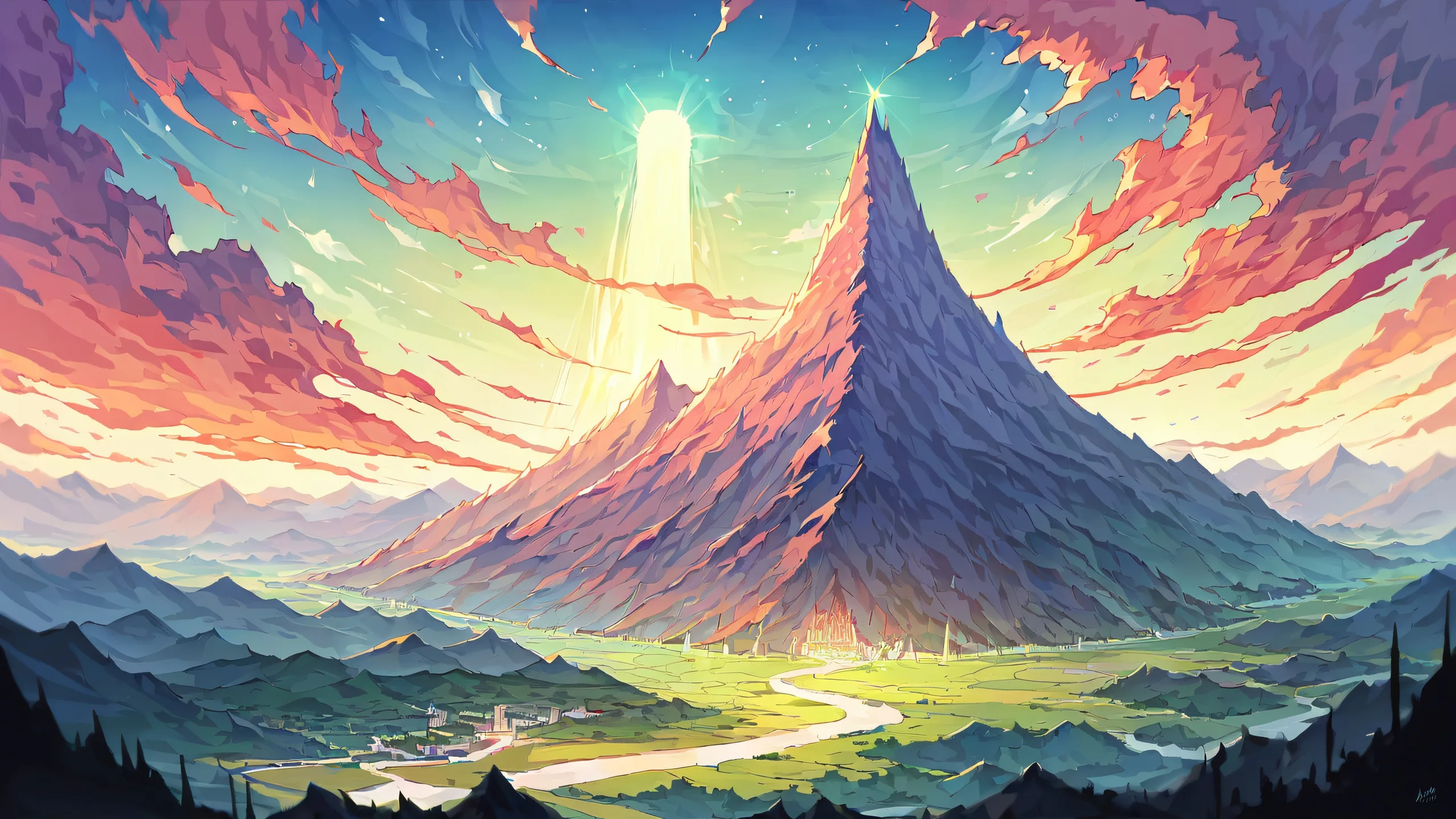 A serene anime illustration of a city on the edge of a vast, perfectly clean void, with mountains and river in the distance, suitable for desktop/PC use.