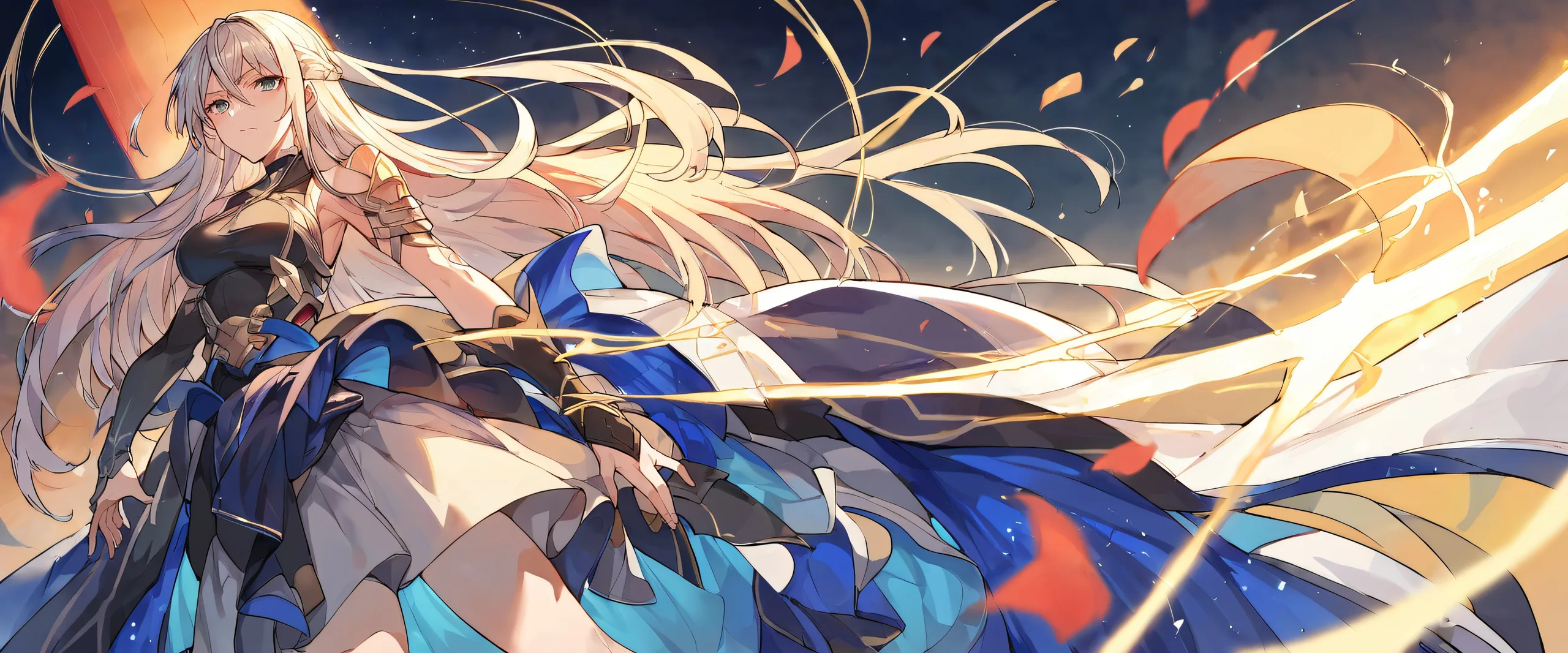 Epic Anime Duo in Elysian Fields Desktop Wallpaper Tatsumi Saiga and Kagura Tennouzu pose against a bright blue sky with extreme depth of field on a desktop/pc.