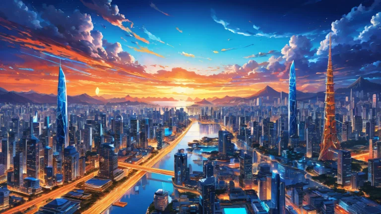 Award-winning digital art desktop wallpaper featuring an anime-inspired futuristic cityscape in the background against a pure void, perfect for Desktop/PC use.