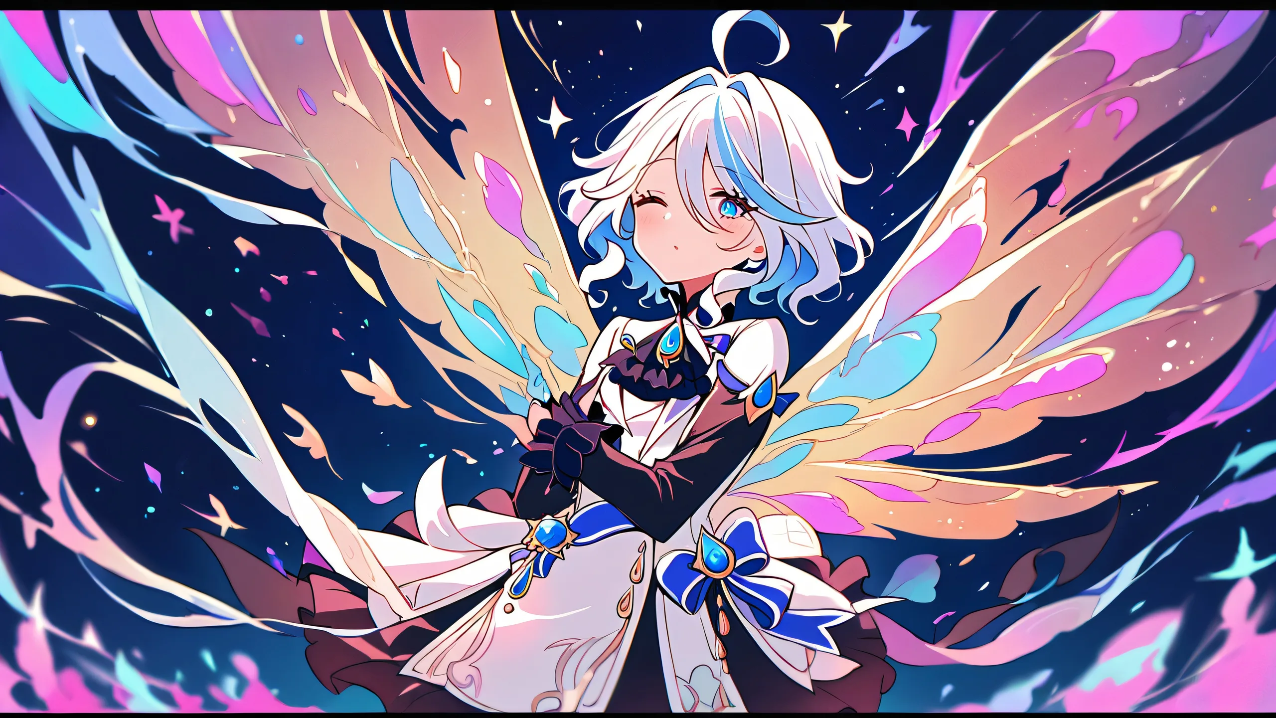 4K Ethereal Solo Adventure Desktop Background Beautiful anime illustration of Furina from Genshin Impact standing solo in a perfectly clean vast pure void with extreme depth of field, showcasing her presence on a Desktop/PC.