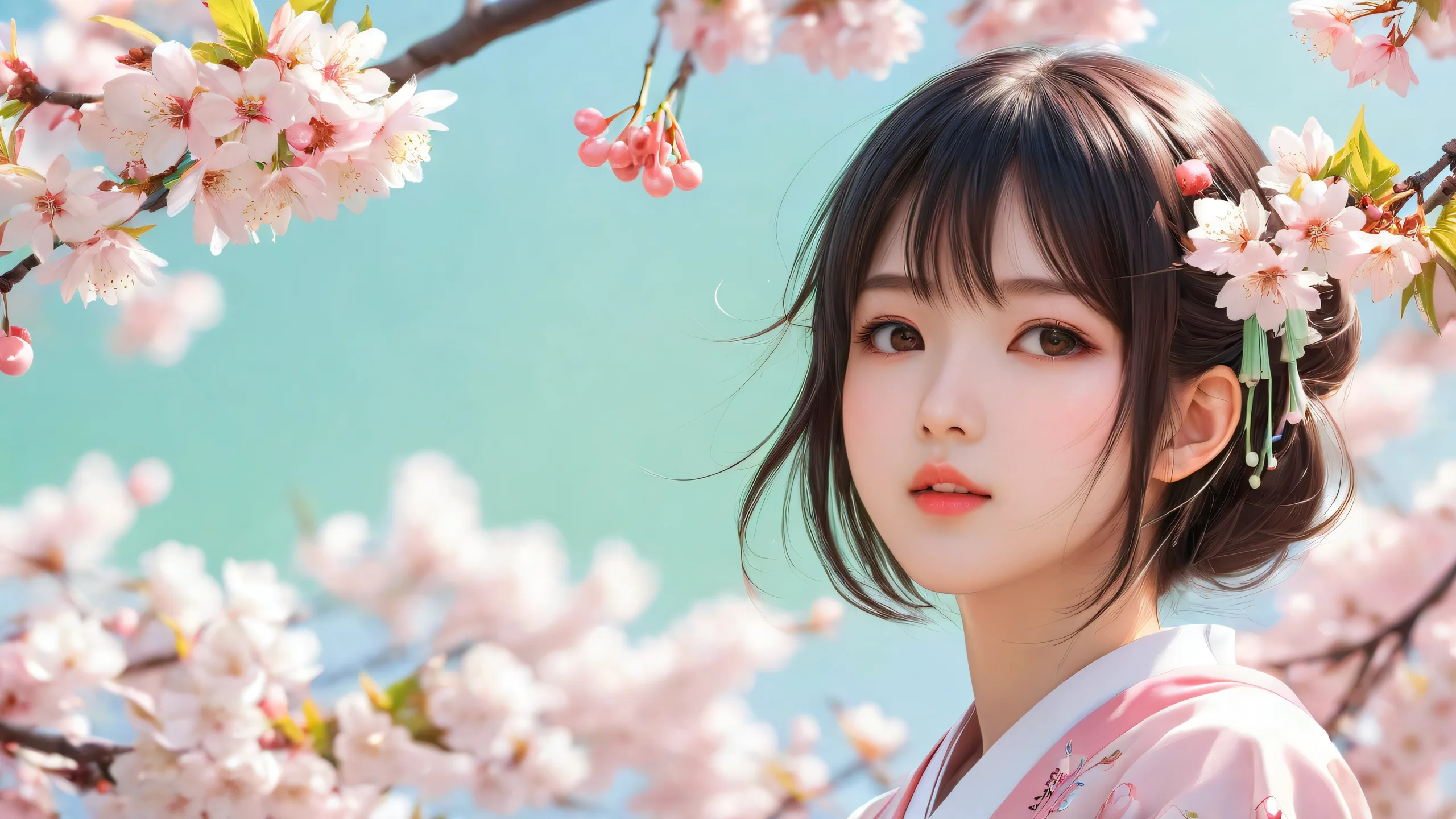 Anime girl surrounded by cherry blossoms on a pristine void background, ideal for desktop or PC use.