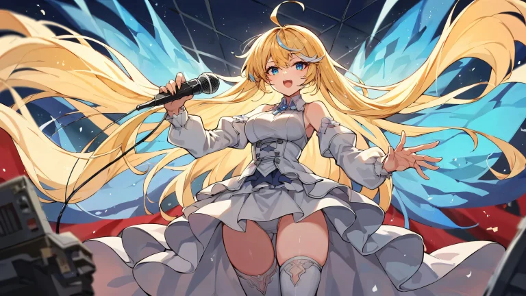 Anime girl with microphone standing in a vast white void, suitable for desktop/pc use.