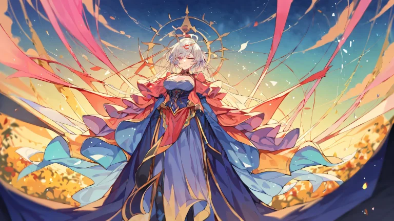 Stunning anime illustration of a standing girl on a desktop/pc, set against a bright and airy sky with an extreme depth of field