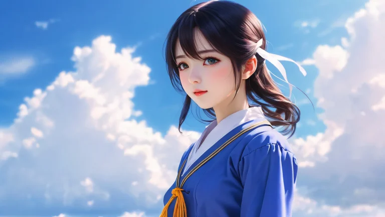 Anime girl standing in a vast, pure void with a bright blue sky in the background. Desktop/PC wallpaper.