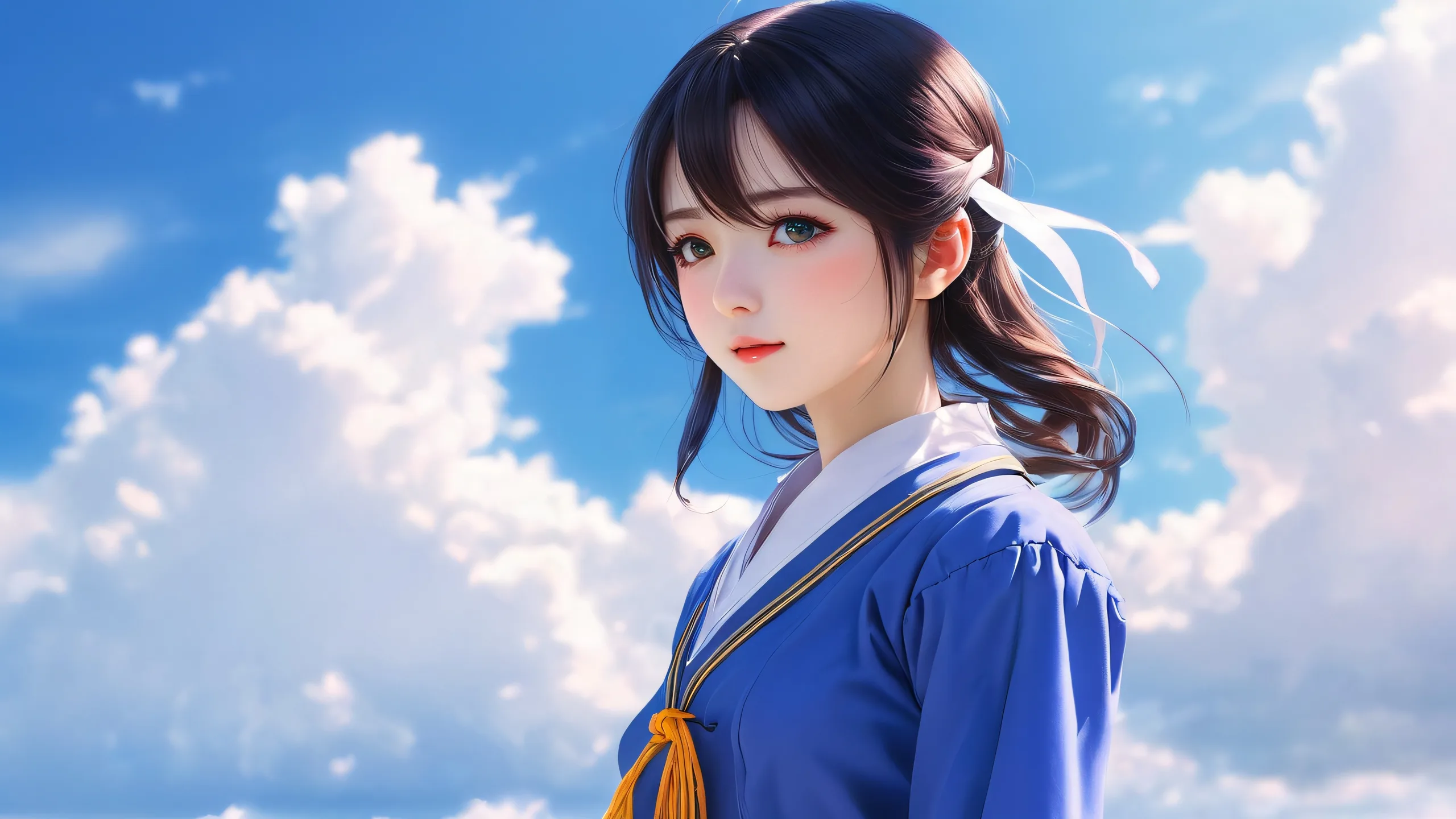 Anime girl standing in a vast, pure void with a bright blue sky in the background. Desktop/PC wallpaper.