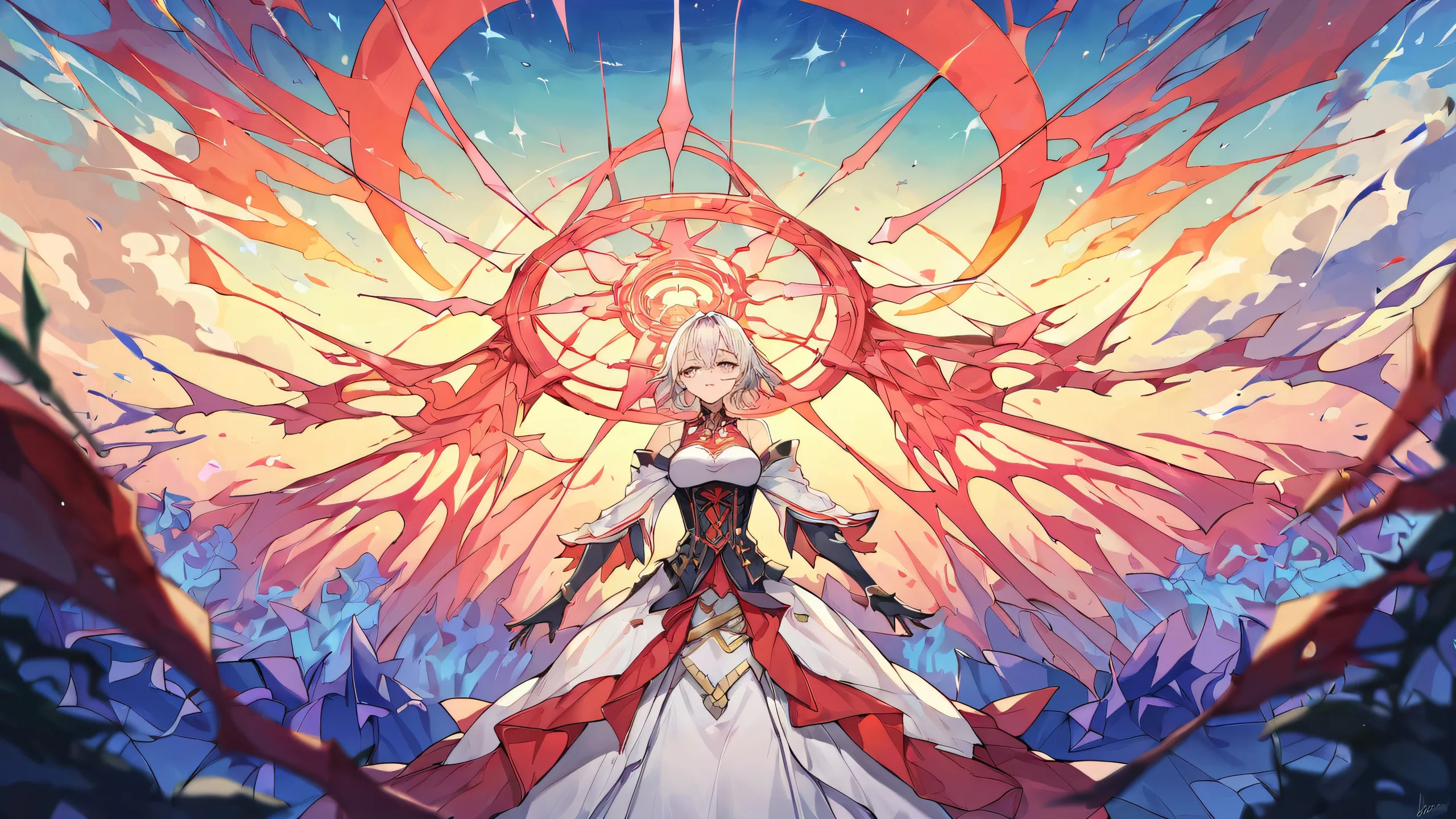 A beautifully illustrated anime scene for your Desktop/PC featuring a stunning celestial backdrop with extreme depth of field, perfect for fans of colorful and vivid artwork.