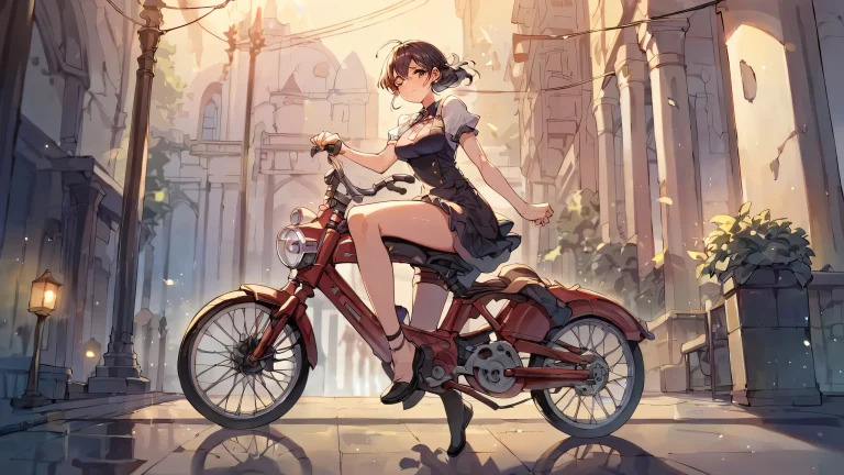 Girl riding bike under the stars on a vast, pure void backdrop with extreme depth of field, desktop/pc resolution