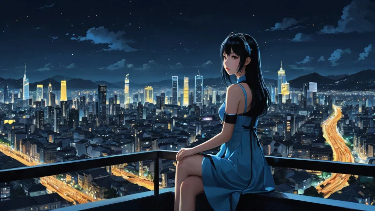 A group of anime girls stand out against a vast pure void background on a desktop/pc, with a subtle cityscape in the distance.